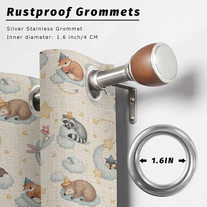 Cartoon Animals Outdoor Curtains for Patio Raccoons Rabbits Moon Linen Texture Waterproof Outside Curtains with Grommet Top Weatherproof Curtain for Cabana Pergola Gazebo, 1 Panel, 54" W x 84" L