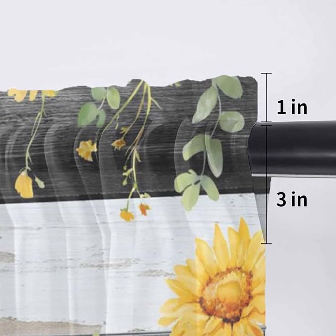 Summer Floral Sheer Valance Curtains, Watercolor Sunflower Eucalyptus Leaves Black Wood Grain Light Filtering Kitchen Valances Rod Pocket Voile Curtain for Bedroom/Living Room/Basement 60Wx18L