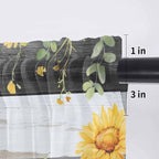 Summer Floral Sheer Valance Curtains, Watercolor Sunflower Eucalyptus Leaves Black Wood Grain Light Filtering Kitchen Valances Rod Pocket Voile Curtain for Bedroom/Living Room/Basement 54Wx18L