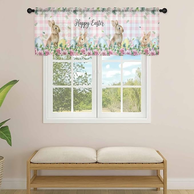 Easter Sheer Valances for Windows 42"x18", Light Filtering Kitchen Curtains Valance, Spring Watercolor Bunny Eggs Flower Leaf Pink Plaid Rod Pocket Chiffon Curtains for Living Room Bedroom Cafe