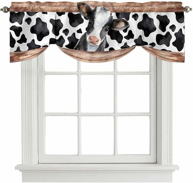 Cow Printed Tie Up Valance Curtains for Windows, Kitchen Curtains Window Shades, Farmhouse Watercolor Country Wooden Grain Light Filtering Roman Curtain Valances for Bedroom/Bathroom/Cafe 42"x18"