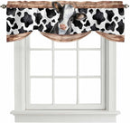 Cow Printed Tie Up Valance Curtains for Windows, Kitchen Curtains Window Shades, Farmhouse Watercolor Country Wooden Grain Light Filtering Roman Curtain Valances for Bedroom/Bathroom/Cafe 42"x18"