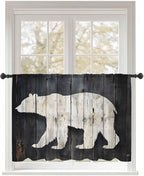Sheer Curtains 45 Inch Length, White Brown Bear Semi Sheer Curtains Light Filtering Window Treatment, Rustic Counrty Vintage Wood Grain Privacy Voile Drapes for Living Room Bedroom 52x45 Inch
