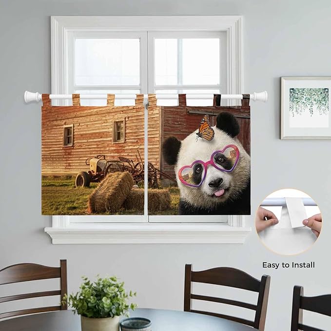 Farm Panda Kitchen Curtains 36 Inch Length, Small Window Curtains Tab Top, Farmhouse Barn Funny Animals Butterfly Light Filtering Short Window Treatments Tier Drapes 27.5"x36" 2 Panel