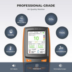 Air Quality Monitor, Indoor Air Quality Tester for CO2, TVOC, Formaldehyde, PM1.0/2.5/10, Temp & Humidity, with CO2 Alert, Data Storage, Adjustable Screen for Home, Office