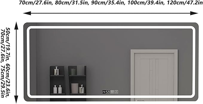 Bathroom Mirror with LED Lights, Lighted Bathroom Makeup Wall Mounted Mirror with Demister Pad, 3-Color Dimmable LED Light, for Wall Decor, Vanity, Living Room(A,70x90cm)