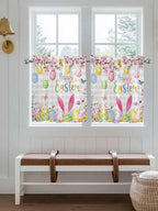 Happy Easter Half Window Curtain 36 Inches Long, Spring Watercolor Bunny Eggs Flower Grey Plaid Window Treatment Curtain Drapes, Small Tier Curtains for Bathroom Over Sink, 27.5"x36", 2 Panels