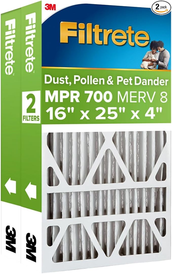 Filtrete 16x25x4 AC Furnace Air Filter, MPR 700, MERV 8, Fits Lennox & Honeywell Device, Capture Dust, Pollen & Pet Dander, Electrostatic Air Cleaning Filter, 2-Pack (actual size 15.88x24.56x4.31 in)