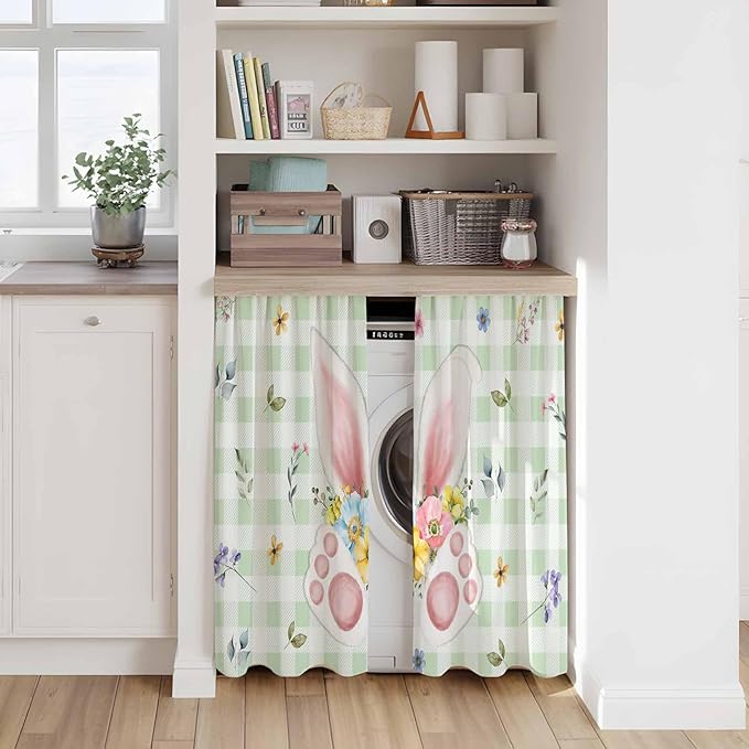 Easter Kitchen Tier Curtains 45 Inch Long 2 Panel Set,Rod Pocket Short Window Treatment,Spring Bunny Ears Feet Flowers Green Plaid Light Filtering Curtains & Drapes for Bathroom Basement 27.5"W x 45"L