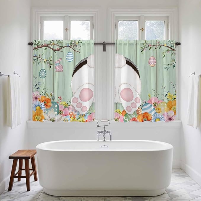Easter Kitchen Curtains 45 Inch Long 2 Panel Set, Rod Pocket Window Treatment, Spring Watercolor Bunny Eggs Wooden Grain Green Light Filtering Panels Short Drapes for Bathroom Camper 42"W x 45"L