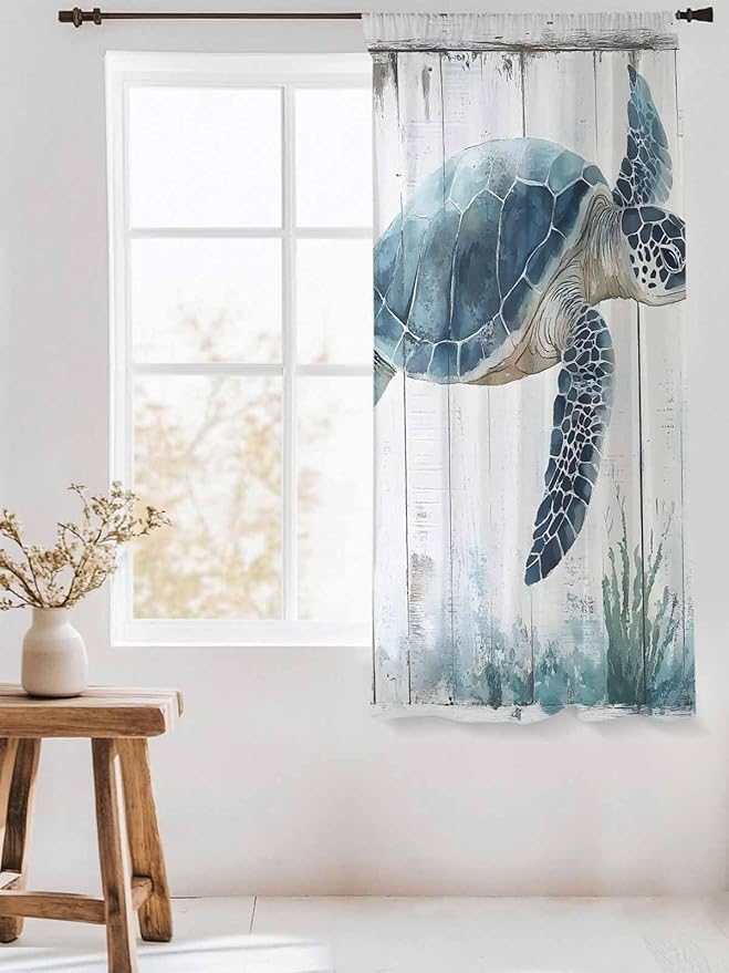 Sheer Curtains 63 Inch Length, Sea Turtle Teal Blue Semi Sheer Curtains Light Filtering Window Treatment, Summer Coastal Ocean Wood Grain Privacy Voile Drapes for Living Room Bedroom 52x63 Inch
