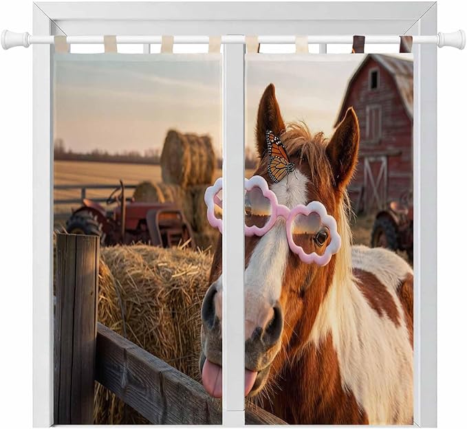 Farm Horses Bedroom Curtains 72 Inch Length, Window Curtains Tab Top, Farmhouse Barn Funny Animals Butterfly Light Filtering Window Treatments Drapes 52"x72" 2 Panel