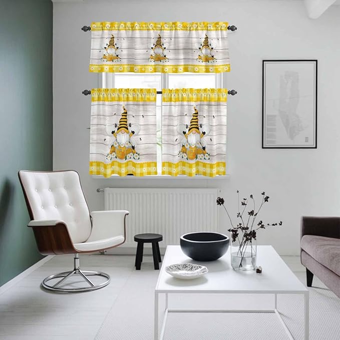 Yellow Gnomes Kitchen Curtains Set 3 Piece for Windows, Rod Pocket Valance and Tier Set 24 Inch Length, Spring Bees Daisy Plaid Wooden Grain Light Filtering Cafe Curtains for Living Room Bathroom