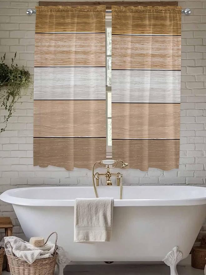 Retro Farm Wood Board Window Valance Curtains, Brown Graduality Striped Light Filtering Kitchen Valance with 3-inch Rod Pocket for Living Room Bathroom Bedroom,2 Panel,52x72In