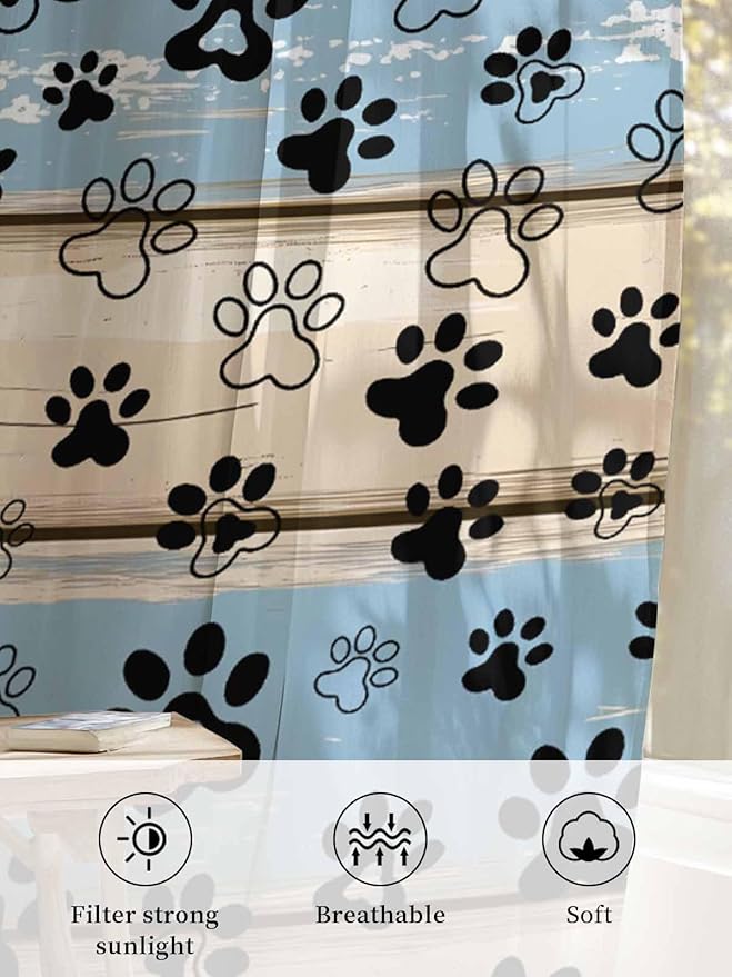 Sheer Curtains 63 Inch Length, Blue Beige Paw Print Semi Sheer Curtains Light Filtering Window Treatment, Vintage Farmhouse Rustic Wooden Grain Privacy Voile Drapes for Living Room Bedroom 52x63 Inch
