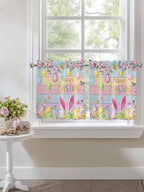 Colorful Easter Half Window Curtains 24 Inches Long, Spring Watercolor Bunny Egg Flower Wood Grain Window Treatment Curtain Drapes, Short Curtains Tiers for Kitchen Over Sink, 27.5"x24", 2 Panels