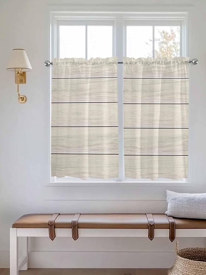 Vintage Country Wooden Board Window Valance Curtains, Gradient Wood Grain Line Light Filtering Kitchen Valance with 3-inch Rod Pocket for Living Room Bathroom Bedroom,2 Panel,42x45In