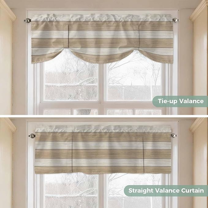 Brown Ombre Wooden Tie Up Valance Curtains for Windows, Kitchen Curtains Window Shades, Farmhouse Retro Khaki Wood Light Filtering Roman Curtain Valances for Bedroom/Bathroom/Cafe 60"x18"