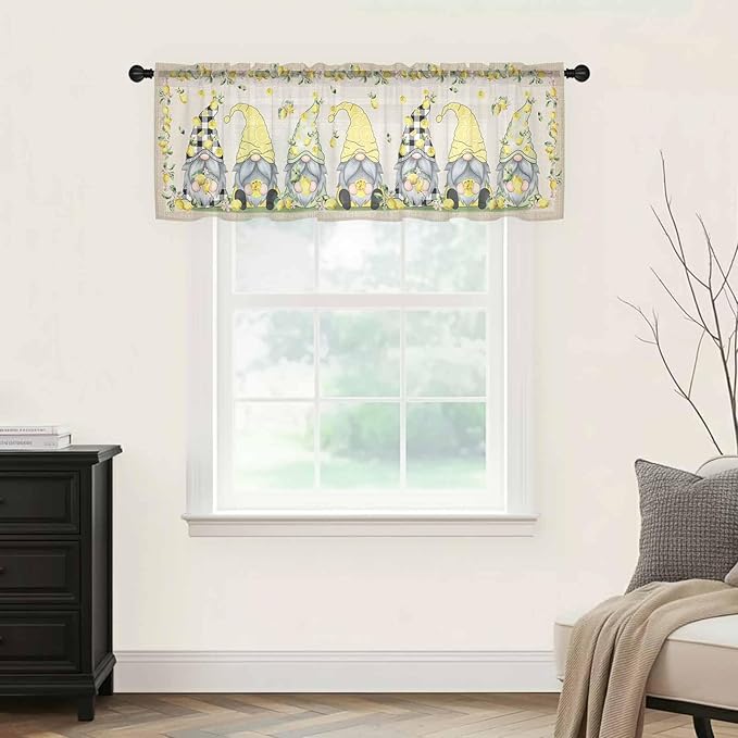 Rustic Lemon Gnomes Sheer Valance Curtains, Summer Fruit Leaves Retro Linen Texture Light Filtering Kitchen Valances Rod Pocket Voile Curtain Window Treatment for Bedroom/Living Room/Basement 42Wx12L