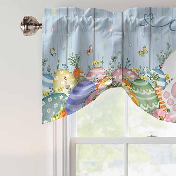 Spring Easter Tie Up Valance Curtains for Windows, Kitchen Curtains Window Shades, Rabbit Ears Foot Colorful Eggs Wooden Plank Light Filtering Roman Curtain Valances for Bedroom/Bathroom/Cafe 42"x18"