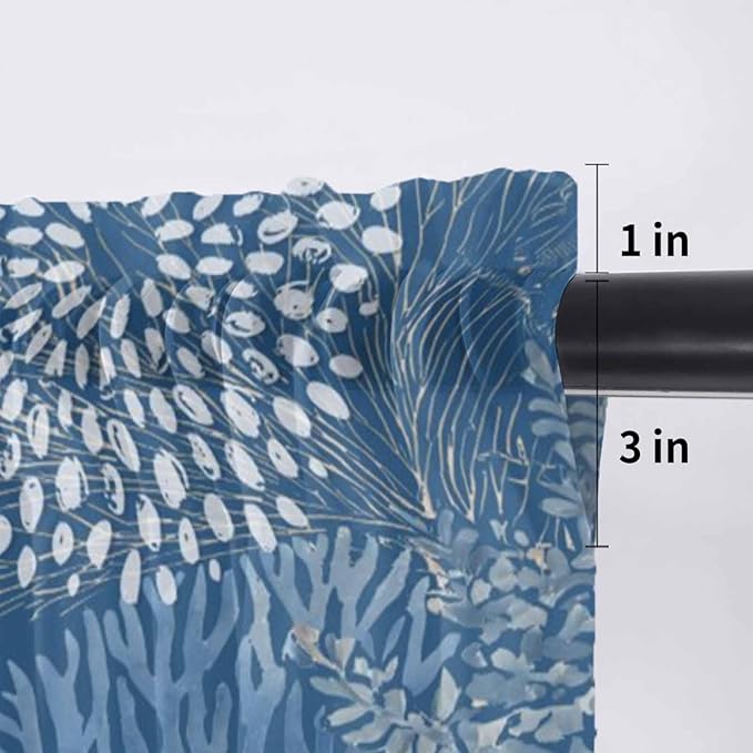 Ocean Corals Sheer Valance Curtains, Summer Beach Coral Sea Stars Dark Blue Light Filtering Kitchen Valances Rod Pocket Voile Curtain Window Treatment for Bedroom/Living Room/Basement 42Wx12L