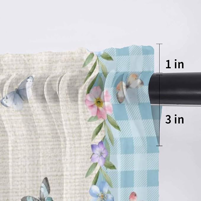 Easter Sheer Valances for Windows 42"x12", Light Filtering Kitchen Curtains Valance, Gnomes Colorful Eggs Butterfly Flowers Blue Check Rod Pocket Chiffon Curtains for Living Room Bedroom Cafe
