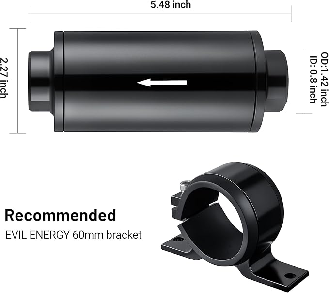 EVIL ENERGY Inline Fuel Filter 40 Micron with Barb 1/2", 3/8", 5/16" Fitting Adapter, Bracket Clamp 60MM Universal Aluminum Black for Gasoline, Diesel, Rubber Fuel Line