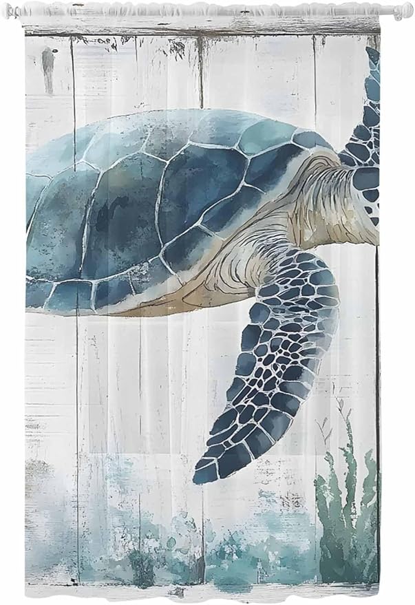 Sheer Curtains 108 Inches Long, Sea Turtle Teal Blue Semi Sheer Curtains Light Filtering Window Treatment, Summer Coastal Ocean Wood Grain Privacy Voile Drapes for Living Room Bedroom 52x108 Inch