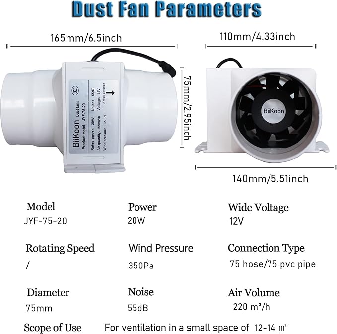 3 Inch Inline Fan 12V Tube Vent Fan Powerful 130Cfm in-line Duct Fan 20W Plastic Extractor Blower for Hydroponics Home Use Ventilation Tent (Color : NO Adjustable Speed, Size : 20w)