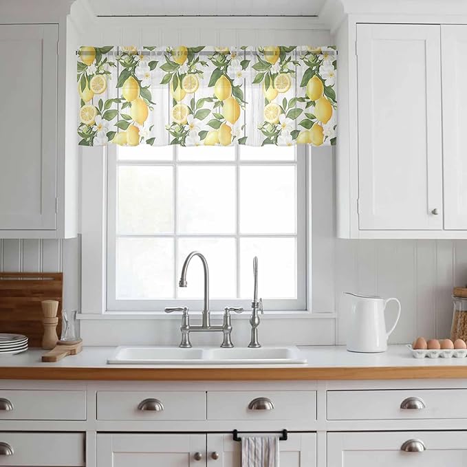 Spring Summer Lemon Sheer Valance Curtains, Leaf Flower White Wood Grain Light Filtering Kitchen Valances Rod Pocket Voile Curtain Window Treatment for Bedroom/Living Room/Basement 42Wx12L