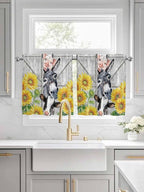Farmhouse Half Window Curtains 24 Inches Long, Watercolor Sunflowers Animals Printed Wood Grain Window Treatment Curtain Drapes, Short Curtains Tiers for Kitchen Over Sink, 27.5"x24", 2 Panels