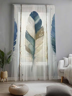 Sheer Curtains 96 Inches Long, Boho Blue Feathers Semi Sheer Curtains Light Filtering Window Treatment, Farmhouse Vintage Wooden Grain Privacy Voile Drapes for Living Room Bedroom 52x96 Inch
