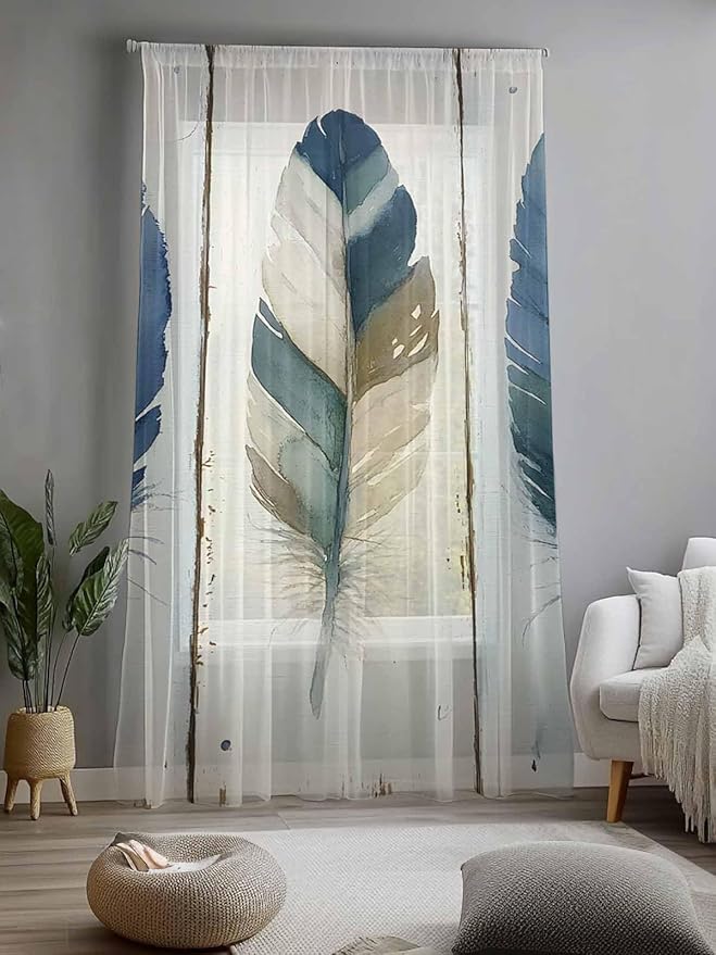 Sheer Curtains 84 Inches Long, Boho Blue Feathers Semi Sheer Curtains Light Filtering Window Treatment, Farmhouse Vintage Wooden Grain Privacy Voile Drapes for Living Room Bedroom 52x84 Inch