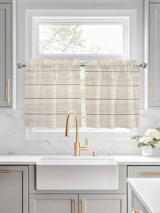 Vintage Country Wooden Board Window Valance Curtains, Gradient Wood Grain Line Light Filtering Kitchen Valance with 3-inch Rod Pocket for Living Room Bathroom Bedroom,2 Panel,27.5x36In