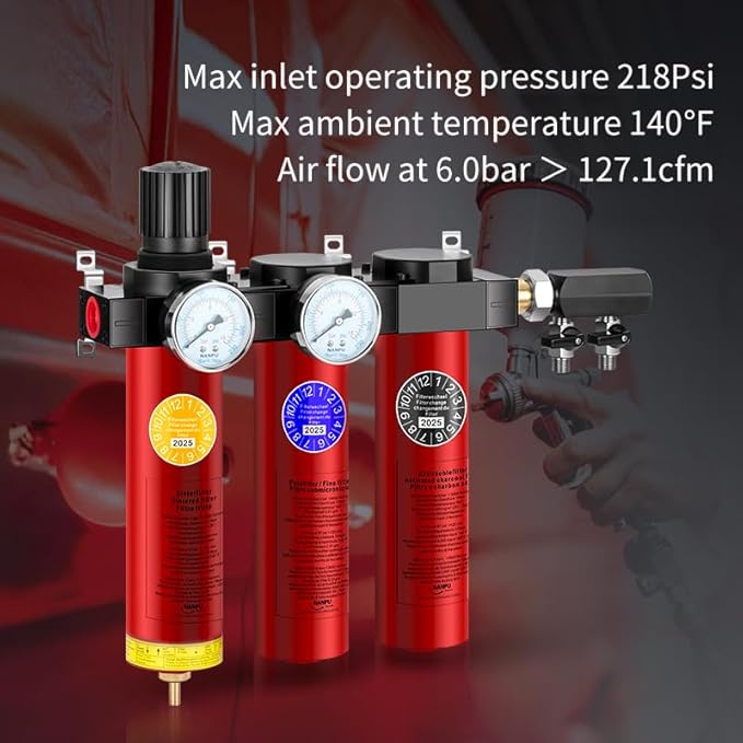 NANPU Z Series 3-Stage Air Filtration System - Sintered, Fine, & Charcoal Filters, 3/8" NPT Inlet, 1/4" NPT Outlet Module, 0-230 psi Gauge, 127 CFM @ 6 bar, Metal Housing, Auto Drain