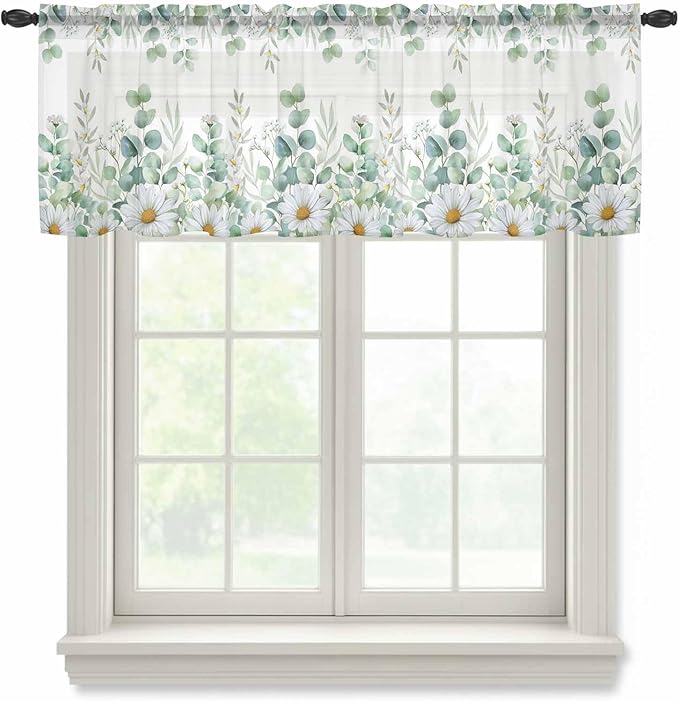 Eucalyptus Leaves Daisy Sheer Valance Curtains, Summer Farmhouses Flower Light Filtering Kitchen Valances Rod Pocket Voile Curtain Window Treatment for Bedroom/Living Room/Basement 42Wx18L