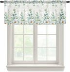 Eucalyptus Leaves Daisy Sheer Valance Curtains, Summer Farmhouses Flower Light Filtering Kitchen Valances Rod Pocket Voile Curtain Window Treatment for Bedroom/Living Room/Basement 60Wx18L