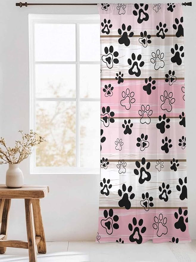 Sheer Curtains 108 Inches Long, Pink Beige Paw Print Semi Sheer Curtains Light Filtering Window Treatment, Vintage Farmhouse Country Wooden Grain Privacy Voile Drapes for Living Room 52x108 Inch