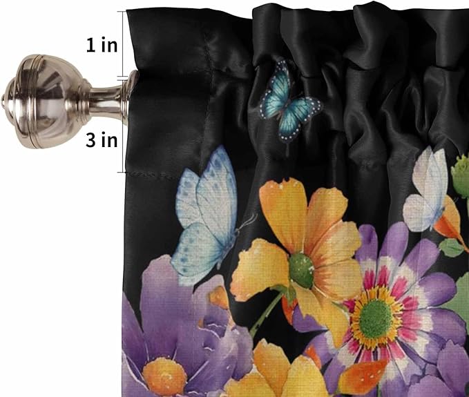 Spring Flowers Tier Curtains 45 Inches Long, Watercolor Country Colorful Floral Black Window Treatment Curtain Drapes, Window Half Privacy Curtains for Bedroom Bathroom, 42"x45", 2 Panels