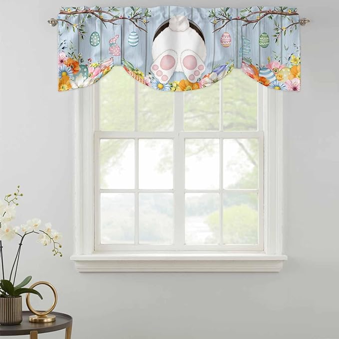 Easter Tie Up Valance Curtains for Windows, Kitchen Curtains Window Shades, Spring Watercolor Bunny Eggs Flower Wood Grain Blue Light Filtering Roman Curtain Valances for Bedroom/Bathroom/Cafe 60"x18"