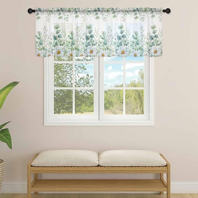Eucalyptus Leaves Daisy Sheer Valance Curtains, Summer Farmhouses Flower Light Filtering Kitchen Valances Rod Pocket Voile Curtain Window Treatment for Bedroom/Living Room/Basement 42Wx18L