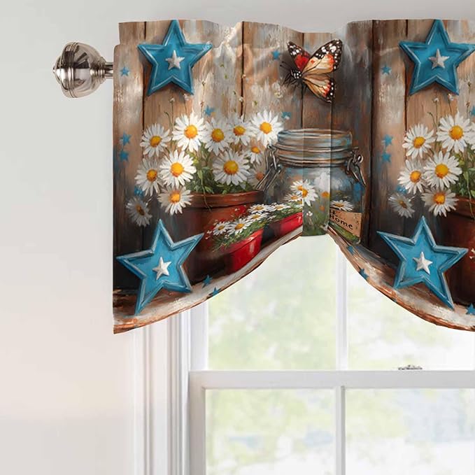 Country Flower Tie Up Valance for Window, Western Texas Star Butterfly Barn Door Adjustable Balloon Window Shade Valance Curtain for Kitchen Cafe Bathroom Window Treatment Panel 54''x18''