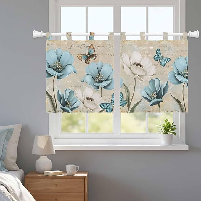 Spring Flowers Kitchen Curtains 24 Inch Length, Small Window Curtains Tab Top, Vintage Rustic Tulips Floral Butterfly Khaki Light Filtering Short Window Treatments Tier Drapes 27.5"x24" 2 Panel