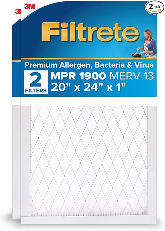 Filtrete 20x24x1 AC Furnace Air Filter, MERV 13, MPR 1900, Premium Allergen, Bacteria & Virus Filter, 3-Month Pleated 1-Inch Electrostatic Air Cleaning Filter, 2-Pack (Actual Size 19.81x23.81x0.78 in)