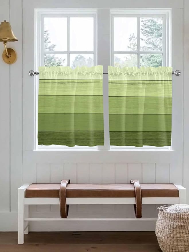 Gradient Green Wooden Board Window Valance Curtains, Retro Country Wood Grain Light Filtering Kitchen Valance with 3-inch Rod Pocket for Living Room Bathroom Bedroom,2 Panel,27.5x36In