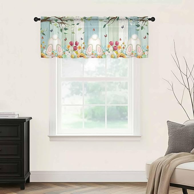 Easter Sheer Valances for Windows 60"x18", Light Filtering Kitchen Curtains Valance, Spring Watercolor Eggs Country Tulip Wooden Grain Rod Pocket Chiffon Curtains for Living Room Bedroom Cafe