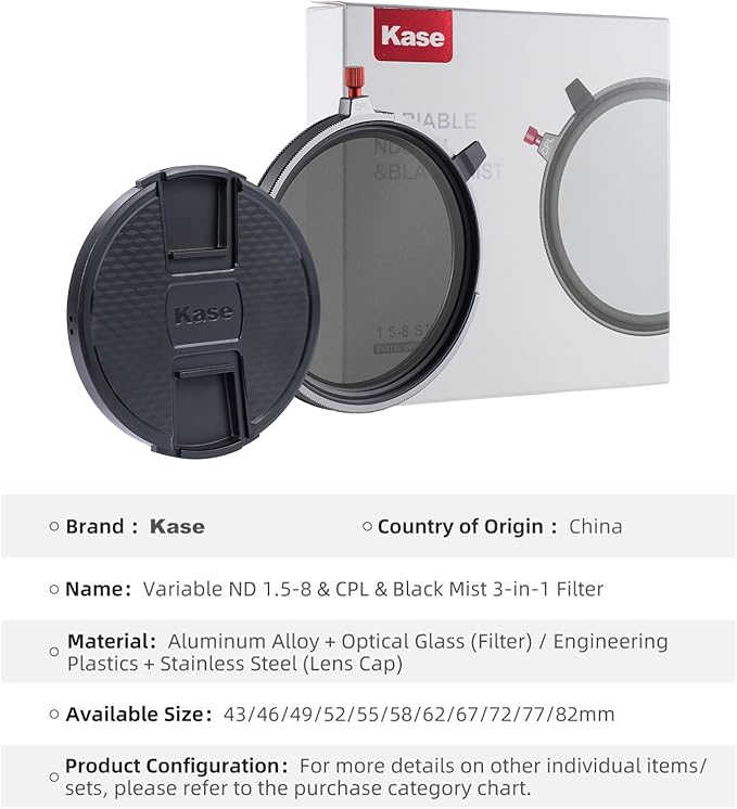 Kase 67mm Variable ND1.5-8 & CPL & Black Mist 3 in 1 Filter with 36 Multi-Coatings, Essential for Landscape & Vlog, Compatible with Canon Sony Nikon