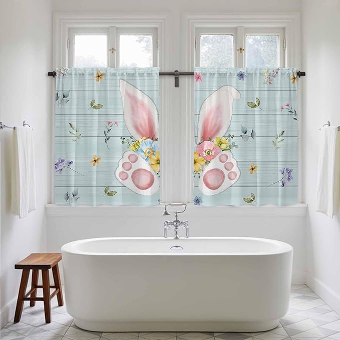 Easter Kitchen Curtains 54 Inch Long 2 Panel Set, Rod Pocket Window Curtains Panels, Spring Rabbits Ears Feet Flowers Wooden Grain Light Filtering Drapery Draperies for Bathroom Bedroom 52"W x 54"L
