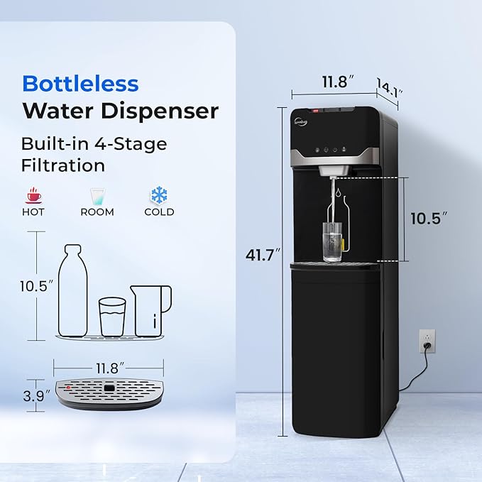 iSpring Bottleless Water Dispenser with Built-in 4-Stage Filtration, Chloramine Removal, Water Cooler Dispenser - Hot, Cold, Room Temp, Self Cleaning, Black，Model: DS4B-NC