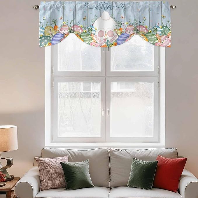 Spring Easter Tie Up Valance Curtains for Windows, Kitchen Curtains Window Shades, Rabbit Ears Foot Colorful Eggs Wooden Plank Light Filtering Roman Curtain Valances for Bedroom/Bathroom/Cafe 60"x18"